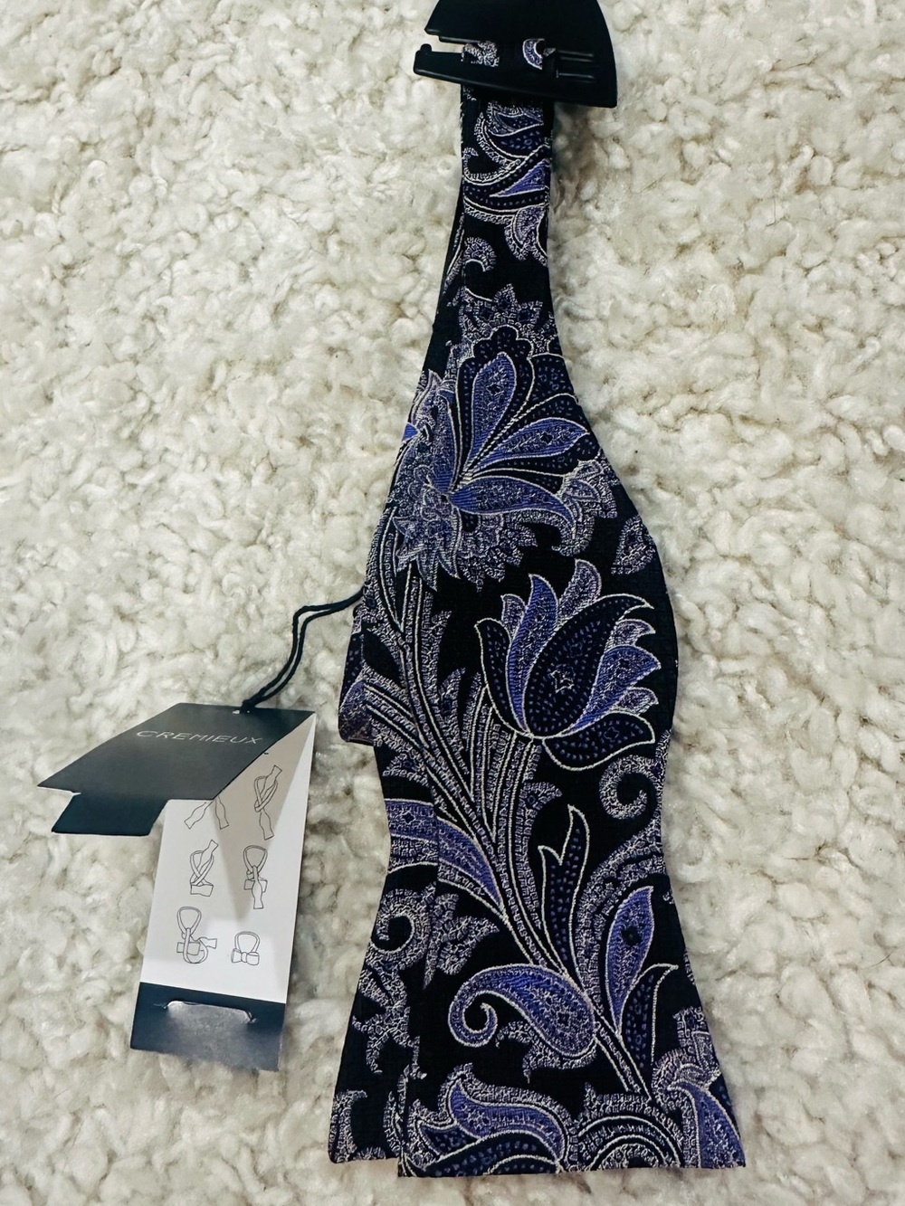 NWT 100% Silk Cremieux Black and Purple Paisley Self Tie Bow-Tie